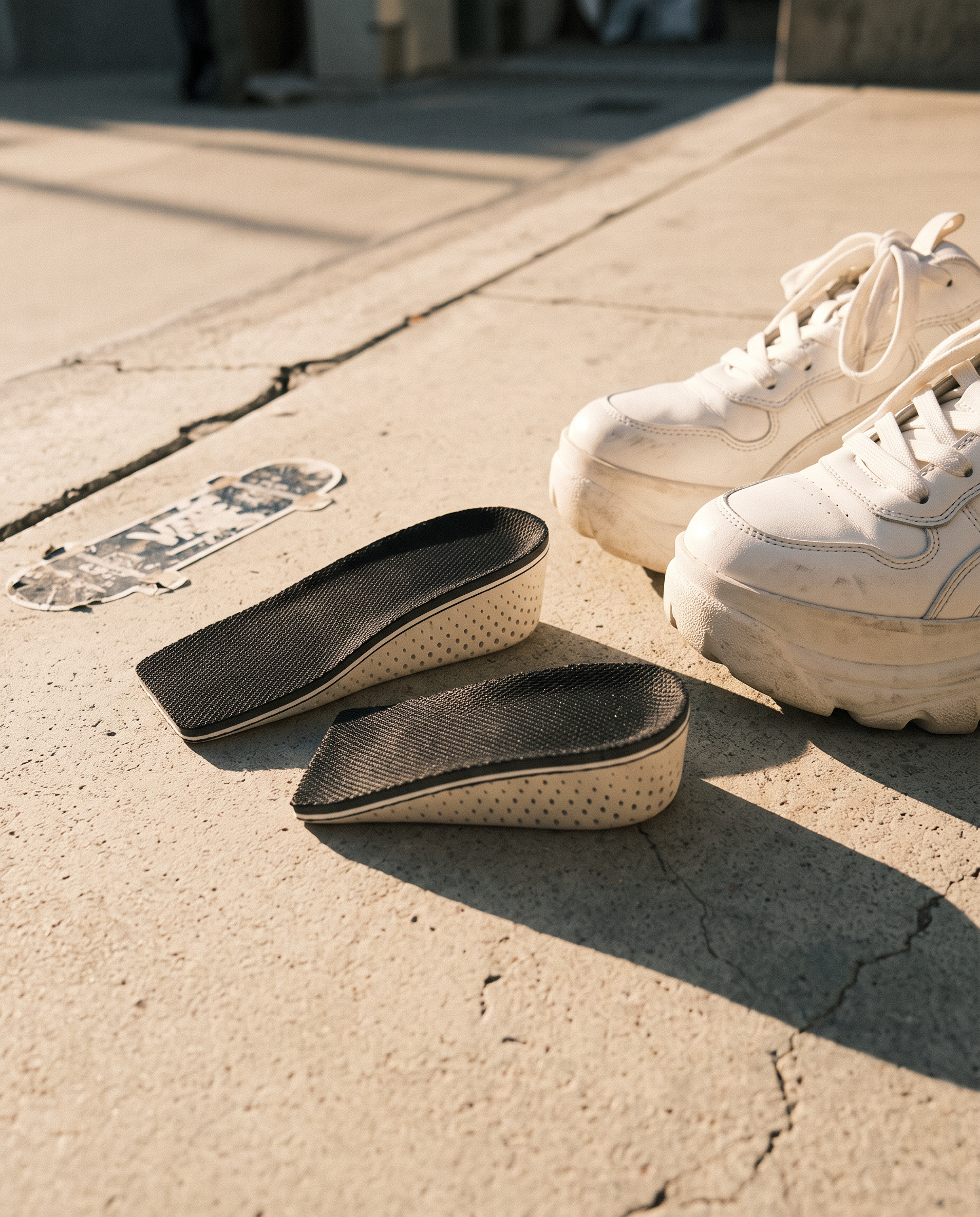Low-angle close-up of white sneakers and black trousers on pale concrete