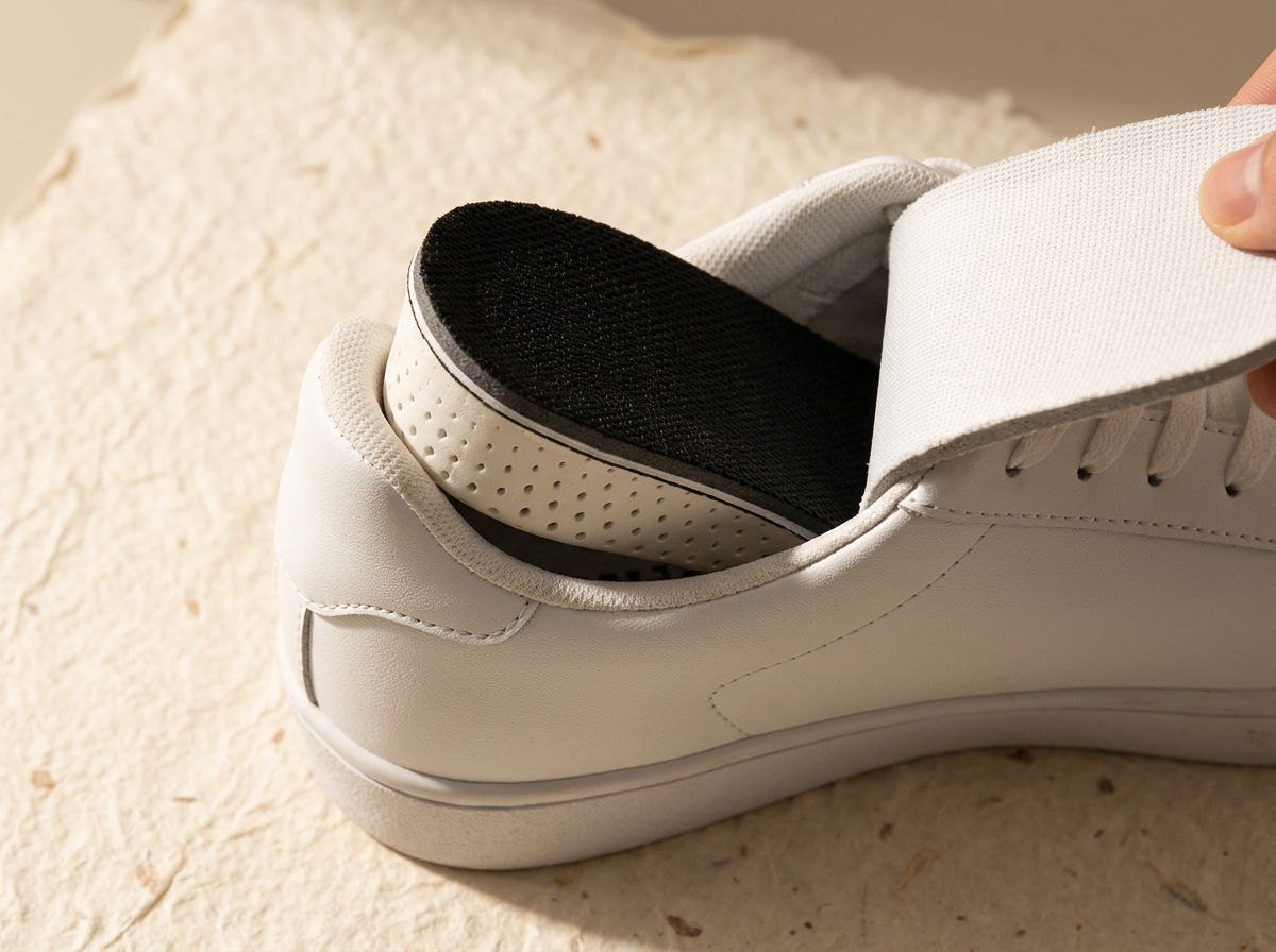 Cross-section of a white sneaker showing the slim TALLR lift layered inside the heel